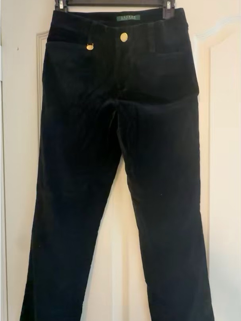 Lauren Ralph Lauren Black Stretch Velvet Straight Leg Trousers Gold Hardware SZ4